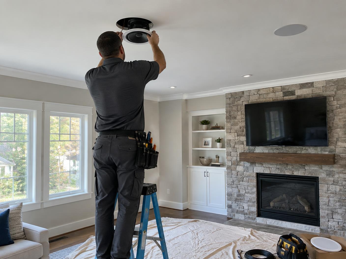 Audio video technician carefully installing an in ceiling speaker in a finished home