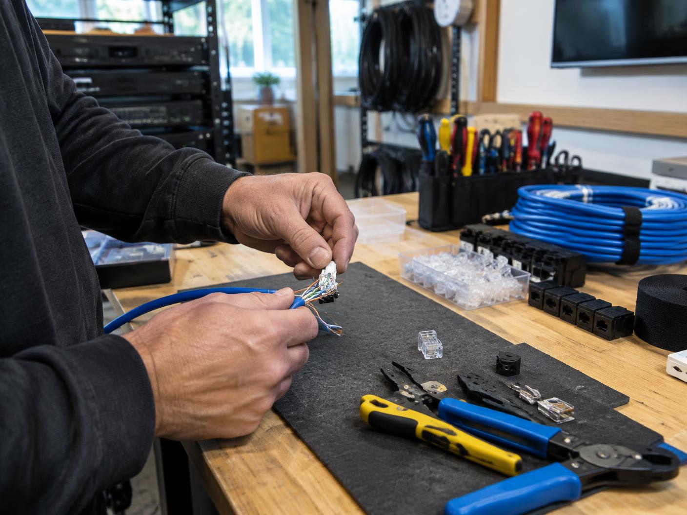 Technician terminating network cable at an organized workshop bench