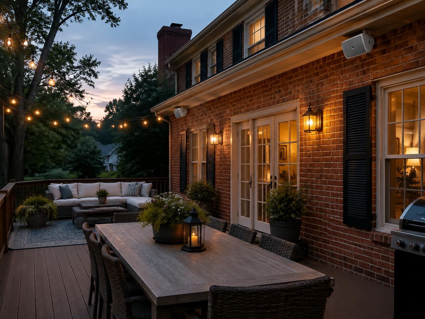 Brick colonial back deck with outdoor speakers mounted under the eaves