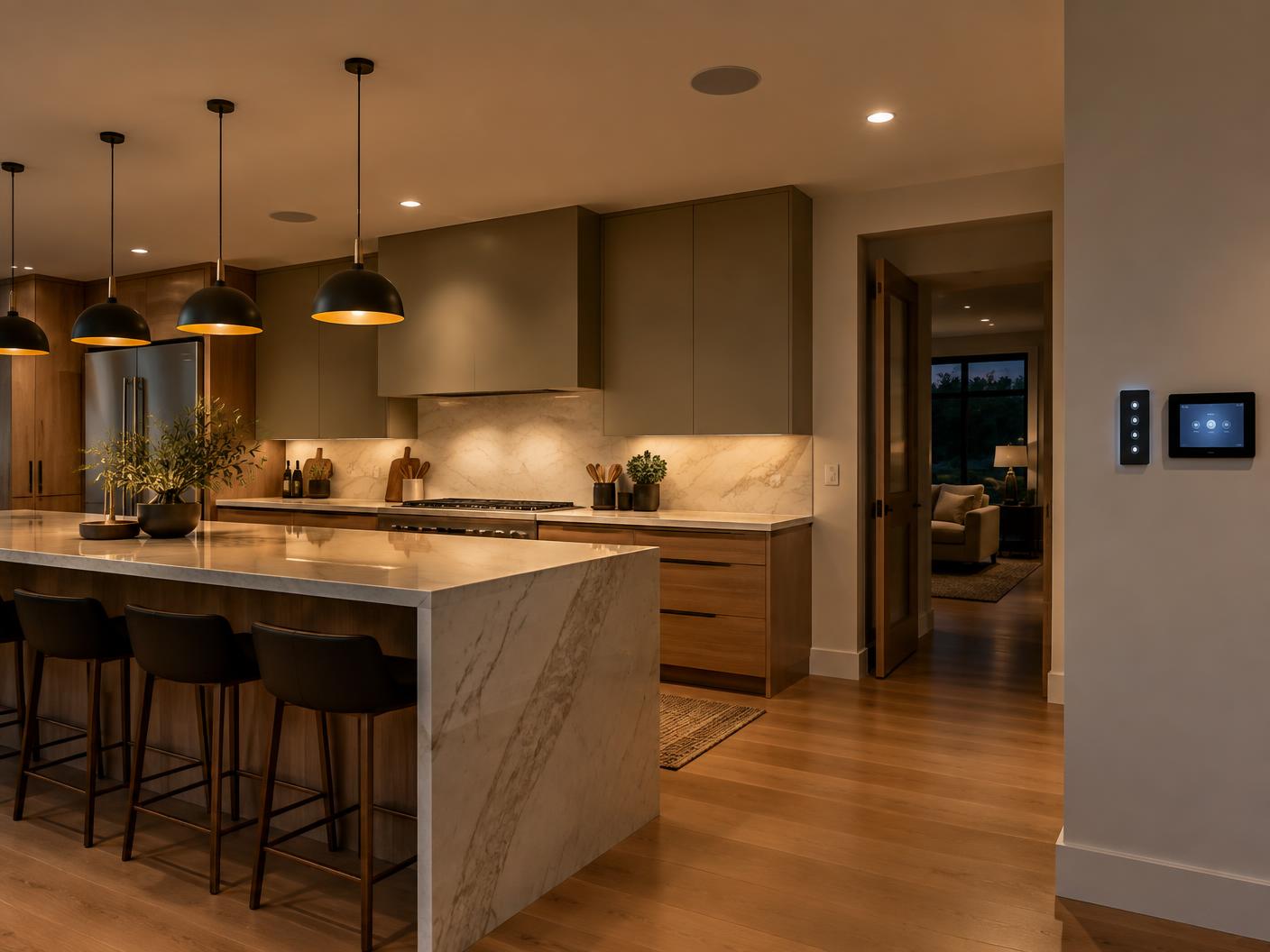 Kitchen with in ceiling speakers and a lighting keypad by the door