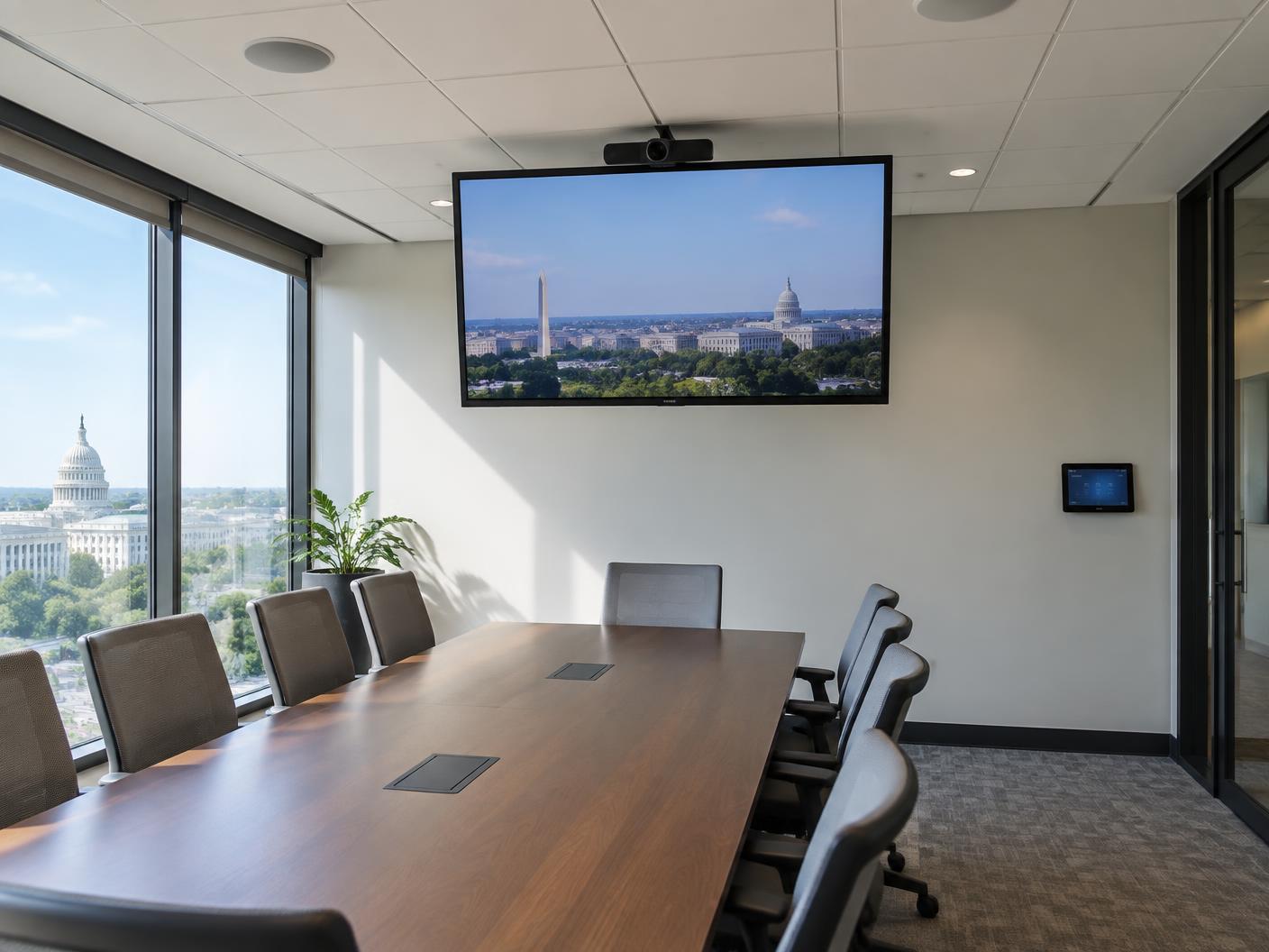 Conference room with ceiling mounted display, camera and wall touch panel