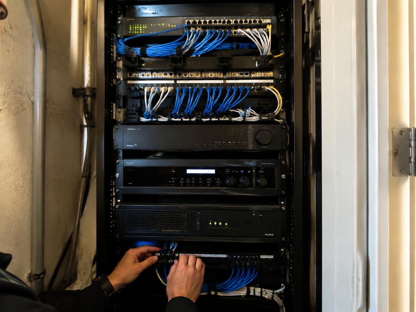 Technician terminating network cable in a home equipment rack