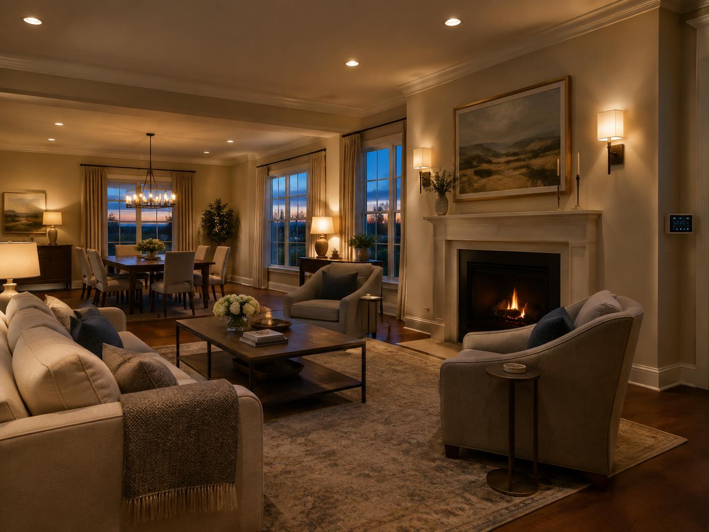 Living and dining room with layered lighting and a wall control keypad
