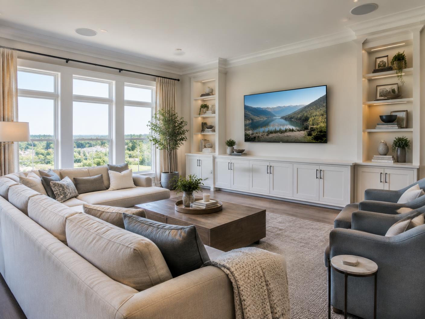 Family room with flush mounted ceiling speakers and concealed audio video equipment