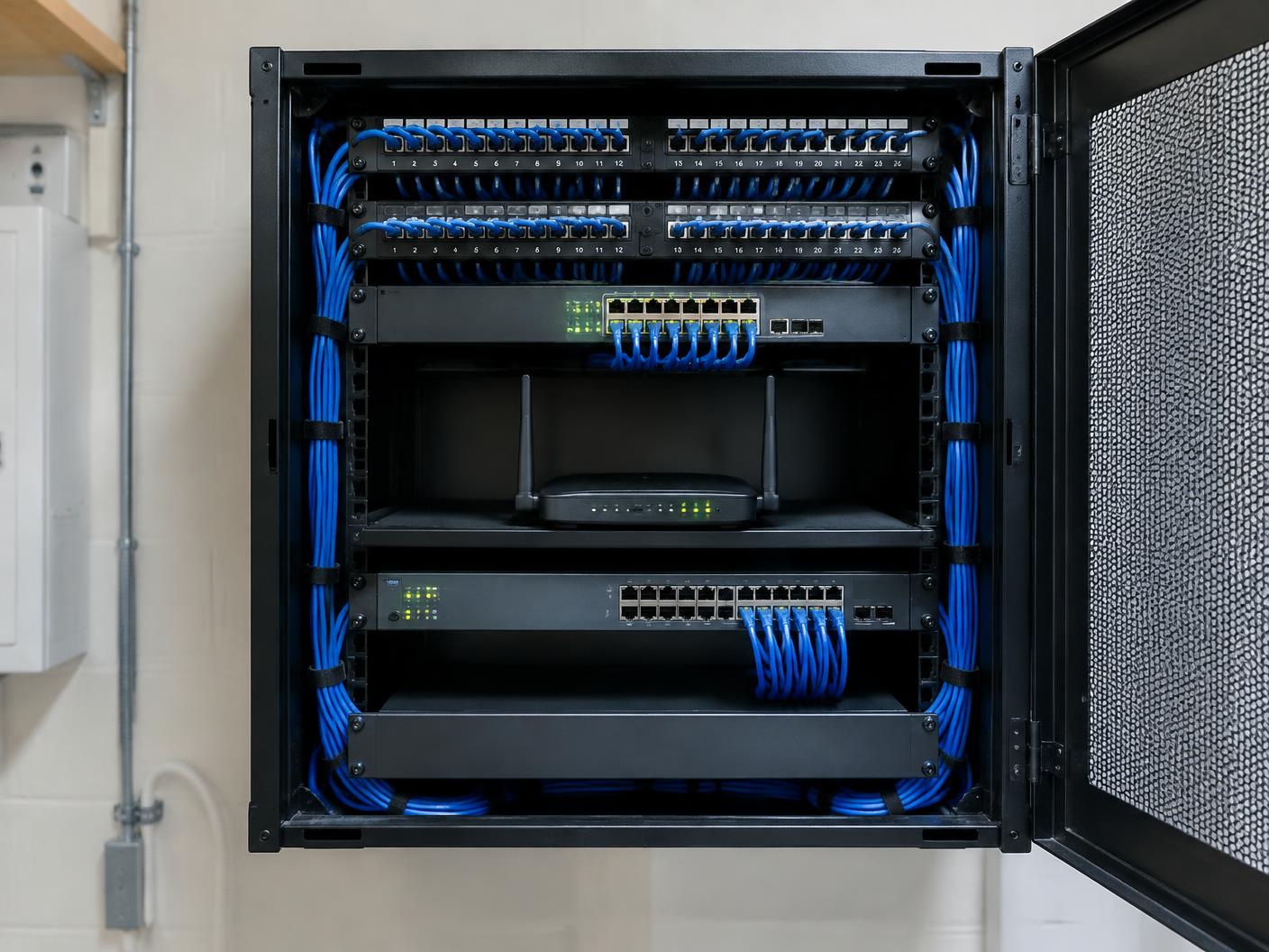 Organized network cabinet with structured wiring and patch panels