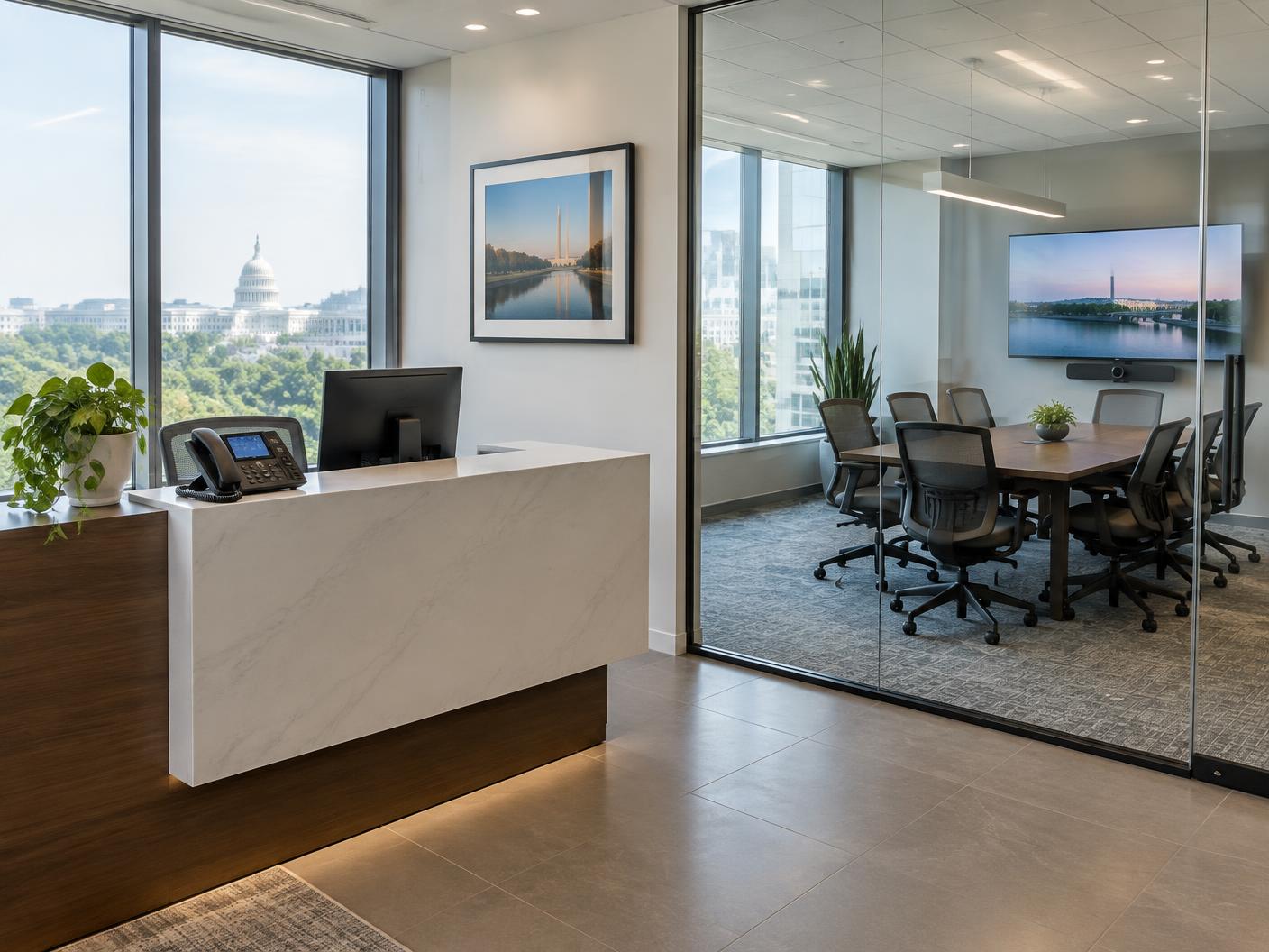 Business reception and conference room with telephone and video systems